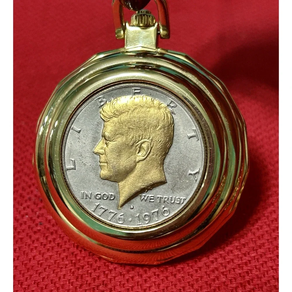 Vintage Brut Quartz JFK Bicentennial Gold Tone Half Dollar Coin Pocket Watch